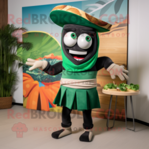 Forest Green Fajitas mascot costume character dressed with a Board Shorts and Bow ties