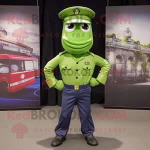 Lime Green Navy Soldier mascot costume character dressed with a Bootcut Jeans and Pocket squares