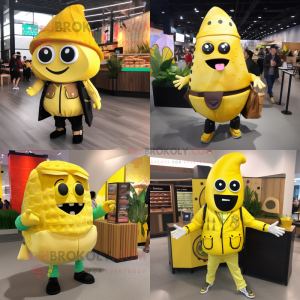 Lemon Yellow Tacos mascot costume character dressed with a Leather Jacket and Handbags