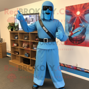 Sky Blue Gi Joe mascot costume character dressed with a Maxi Skirt and Tie pins