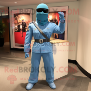 Sky Blue Gi Joe mascot costume character dressed with a Maxi Skirt and Tie pins