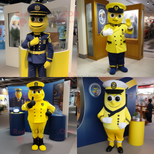 Lemon Yellow Navy Soldier mascot costume character dressed with a Vest and Bracelet watches