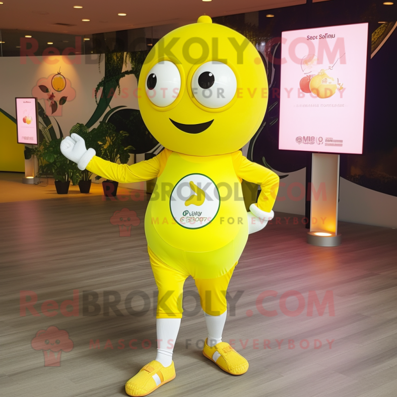 Lemon Yellow Petanque Ball mascot costume character dressed with a Leggings and Digital watches