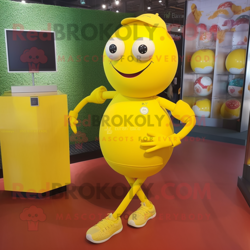 Lemon Yellow Petanque Ball mascot costume character dressed with a Leggings and Digital watches