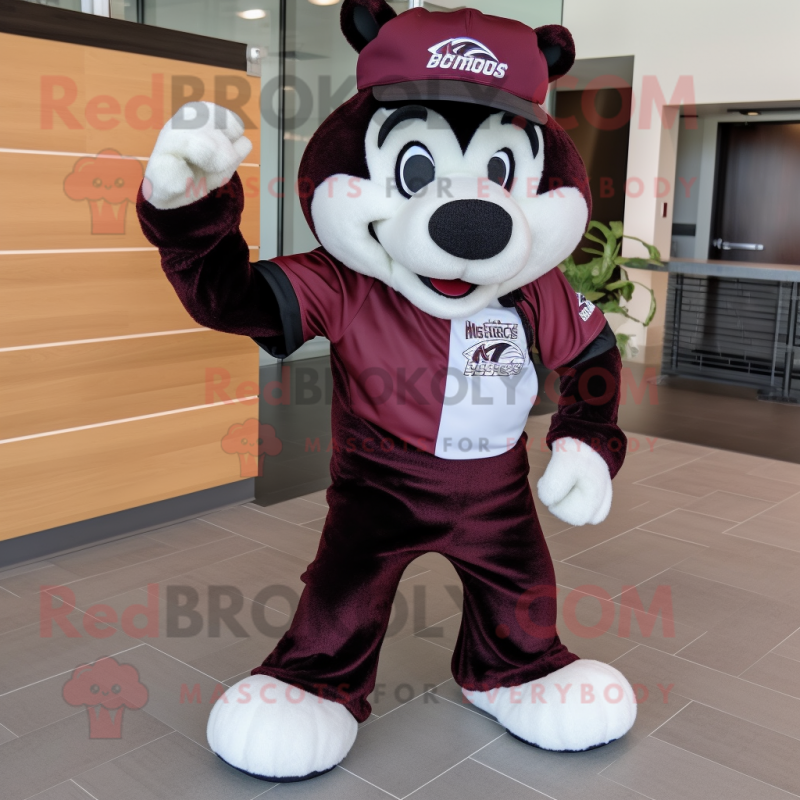 Maroon Skunk mascot costume character dressed with a Trousers and Caps