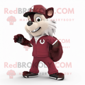 Maroon Skunk mascot costume character dressed with a Trousers and Caps