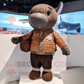Brown Whale mascot costume character dressed with a Bomber Jacket and Handbags