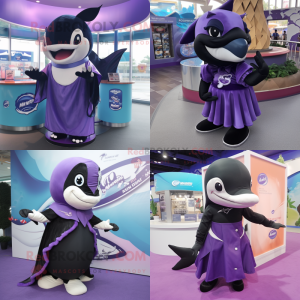 Purple Killer Whale mascot costume character dressed with a Wrap Skirt and Keychains