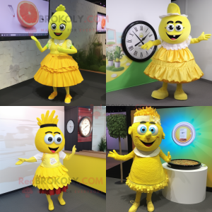 Lemon Yellow Paella mascot costume character dressed with a Pleated Skirt and Digital watches