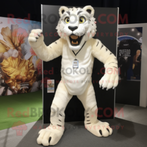 White Smilodon mascot costume character dressed with a Playsuit and Suspenders