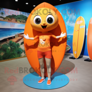 Orange Surfboard mascot costume character dressed with a One-Piece Swimsuit and Keychains