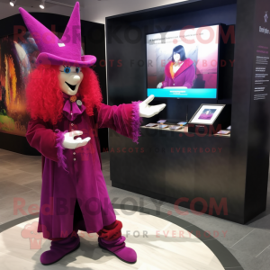 Magenta Witch mascot costume character dressed with a Suit Jacket and Bracelet watches