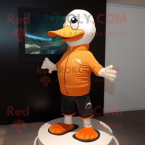 Orange Gull mascot costume character dressed with a Yoga Pants and Hat pins