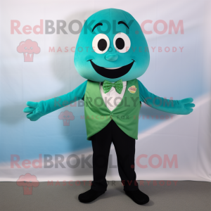 Teal Cucumber mascot costume character dressed with a Capri Pants and Bow ties