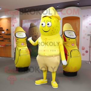 Lemon Yellow Golf Bag mascot costume character dressed with a Leggings and Cummerbunds