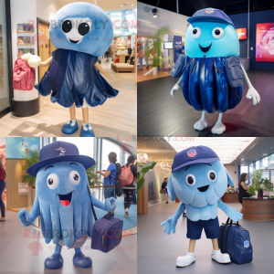 Navy Jellyfish mascot costume character dressed with a Denim Shorts and Handbags