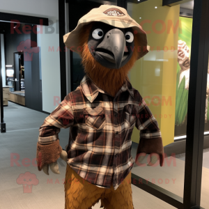 Brown Vulture mascot costume character dressed with a Flannel Shirt and Hat pins