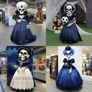 Navy Skull mascot costume character dressed with a Ball Gown and Shoe clips