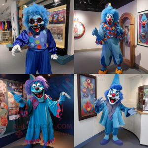 Blue Evil Clown mascot costume character dressed with a Bermuda Shorts and Shawl pins