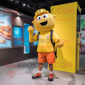 Yellow Pad Thai mascot costume character dressed with a Cargo Shorts and Watches