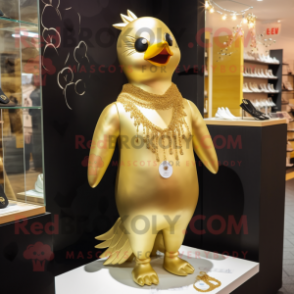 Gold Dove mascot costume character dressed with a Playsuit and Necklaces