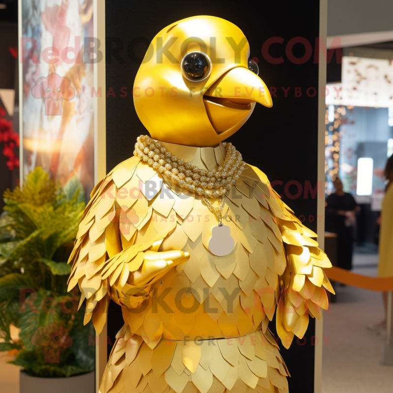 Gold Dove mascot costume character dressed with a Playsuit and Necklaces