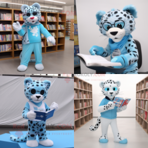 Sky Blue Leopard mascot costume character dressed with a Joggers and Reading glasses
