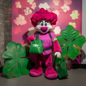 Magenta Bunch Of Shamrocks mascot costume character dressed with a Rash Guard and Handbags