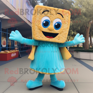 Turquoise Grilled Cheese Sandwich mascot costume character dressed with a Empire Waist Dress and Mittens