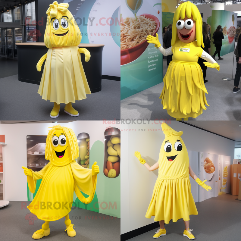 Lemon Yellow Goulash mascot costume character dressed with a Midi Dress and Shoe laces