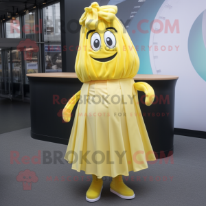Lemon Yellow Goulash mascot costume character dressed with a Midi Dress and Shoe laces
