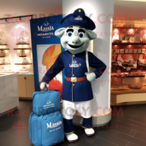 Navy Tikka Masala mascot costume character dressed with a Polo Tee and Messenger bags