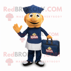 Navy Tikka Masala mascot costume character dressed with a Polo Tee and Messenger bags