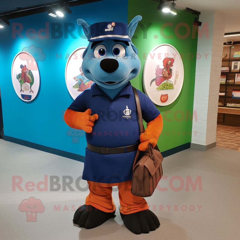 Navy Tikka Masala mascot costume character dressed with a Polo Tee and Messenger bags