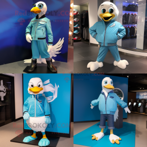 Cyan Gull mascot costume character dressed with a Moto Jacket and Shoe laces