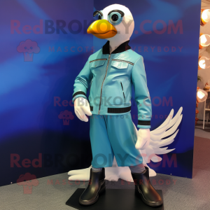 Cyan Gull mascot costume character dressed with a Moto Jacket and Shoe laces