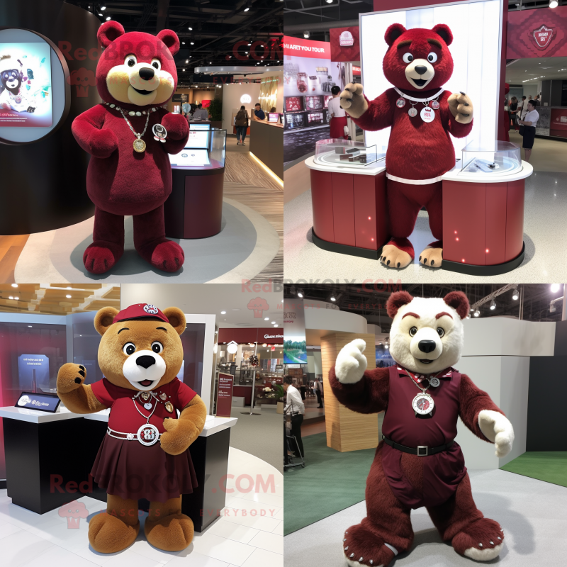 Maroon Bear mascot costume character dressed with a Skirt and Bracelet watches