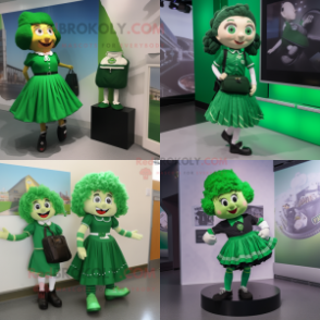 Green Irish Dancing Shoes mascot costume character dressed with a Pencil Skirt and Messenger bags