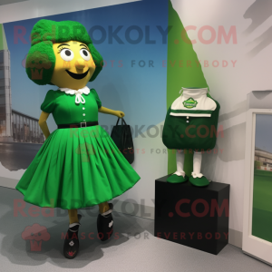 Green Irish Dancing Shoes mascot costume character dressed with a Pencil Skirt and Messenger bags