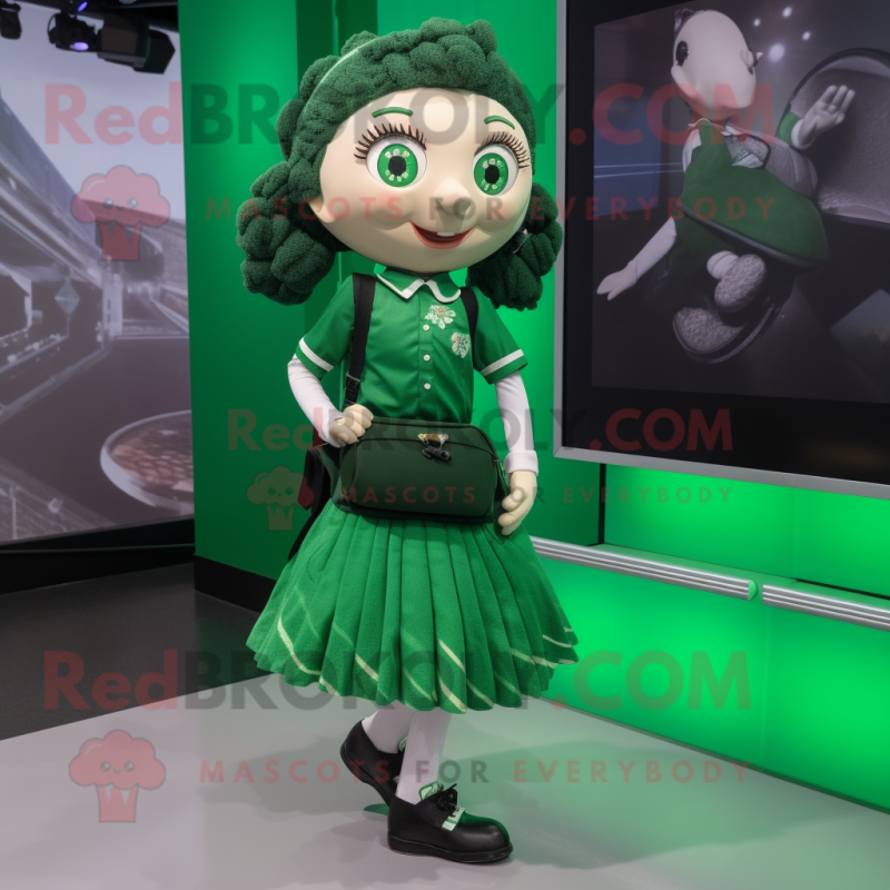 Green Irish Dancing Shoes mascot costume character dressed with a Pencil Skirt and Messenger bags