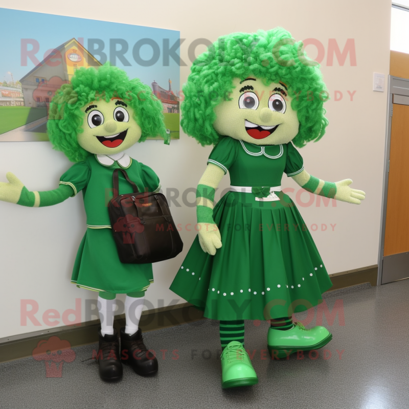 Green Irish Dancing Shoes mascot costume character dressed with a Pencil Skirt and Messenger bags