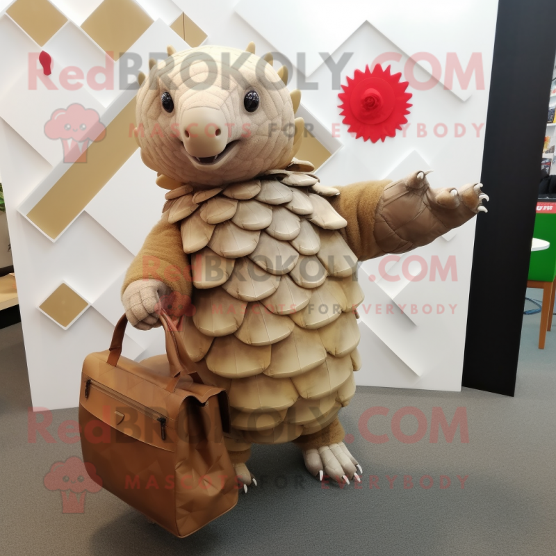 Beige Pangolin Mascot Costume Character Dressed With A Dress And Messenger Bags Mascot 7593