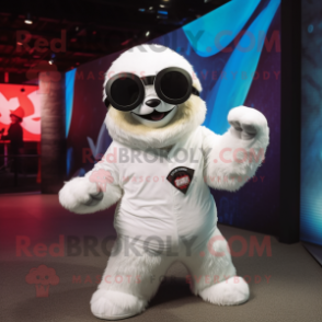 White Sloth mascot costume character dressed with a Bodysuit and Sunglasses