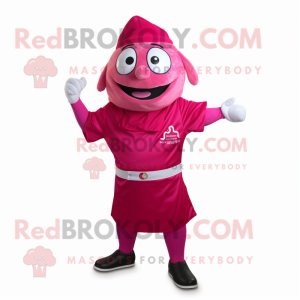 Magenta Beef Stroganoff mascot costume character dressed with a Capri Pants and Caps