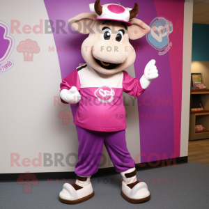 Magenta Beef Stroganoff mascot costume character dressed with a Capri Pants and Caps
