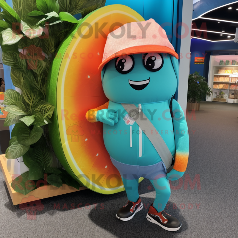 Turquoise Grapefruit mascot costume character dressed with a Vest and Backpacks