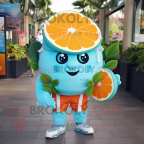 Turquoise Grapefruit mascot costume character dressed with a Vest and Backpacks