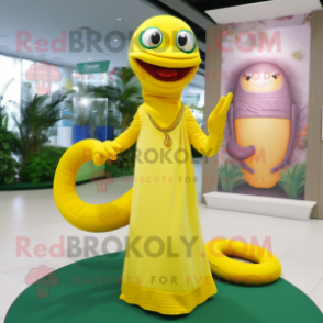 Lemon Yellow Snake mascot costume character dressed with a Maxi Dress and Caps