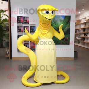 Lemon Yellow Snake mascot costume character dressed with a Maxi Dress and Caps