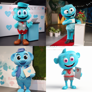 Cyan Love Letter mascot costume character dressed with a Vest and Suspenders